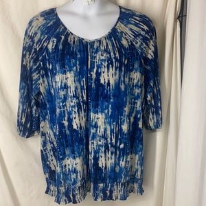 Susan Graver 1x Liquid Knit 3/4 Sleeve Banded Bottom Top Blue White
